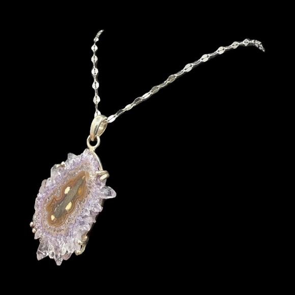 Natural Amethyst Geode Slice Pendant Necklace 925 Sterling Silver Handmade - Picture 6 of 7